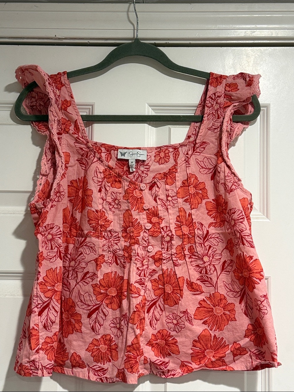 Jessica Simpson Women’s Pink Floral ruffle cap sleeve Tank Top